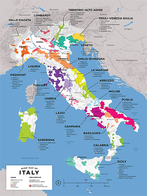 carte des régions viticoles en Italie 